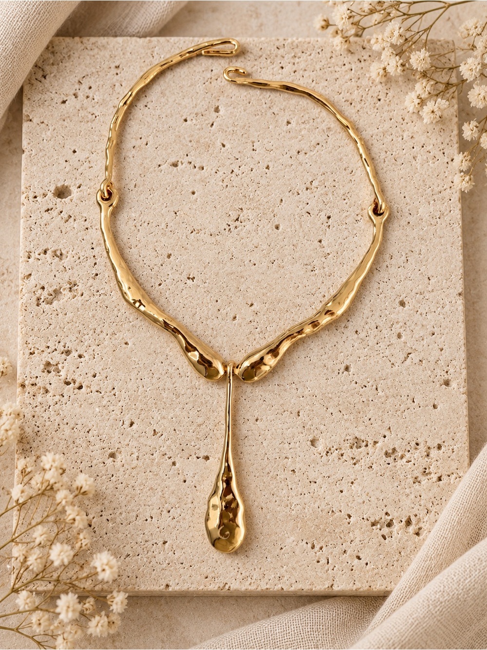 Gold Sculpted Drop Statement Necklace - Picture 3 of 3